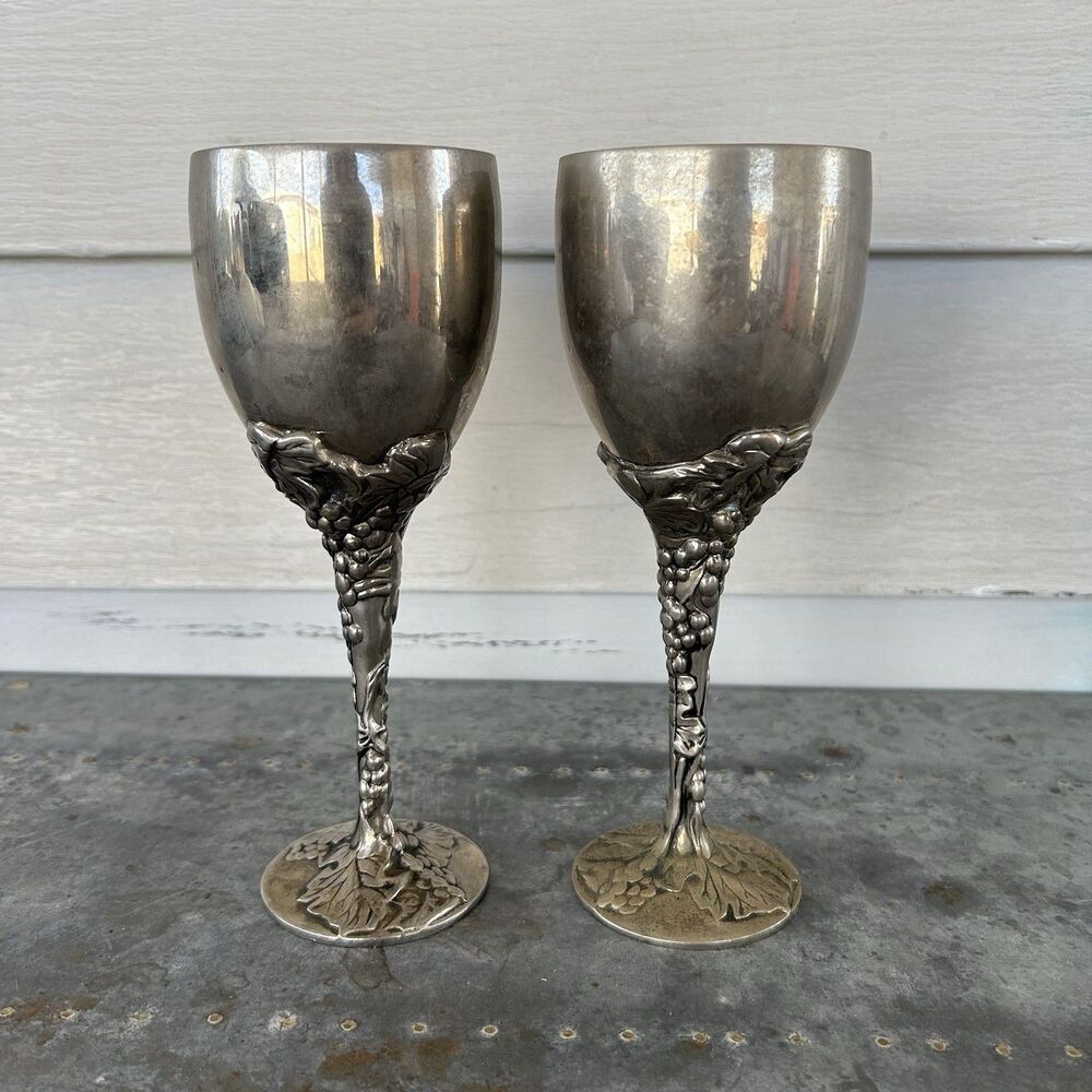 Vintage Godinger Silver Plated Goblets Set of 2 Wine Grape Vine Leaf Design